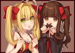  2girls :d ahoge bangs bare_arms bare_shoulders black_border blonde_hair blush border bow breasts brown_background brown_eyes brown_hair bunching_hair cleavage collarbone dress fake_mustache fate/extra fate_(series) flying_sweatdrops frilled_dress frills green_eyes hair_bow hair_intakes karokuchitose kishinami_hakuno_(female) long_hair long_sleeves medium_breasts multiple_girls nero_claudius_(fate) nero_claudius_(fate)_(all) nose_blush open_mouth outline playing_with_own_hair polka_dot polka_dot_background red_bow red_dress shiny shiny_hair sidelocks sleeveless sleeveless_dress smile sparkle tareme twintails upper_body v-shaped_eyebrows wavy_hair white_outline 