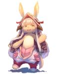  1girl absurdres animal_ears blush eyebrows_visible_through_hair full_body furry highres ke_zi long_hair looking_at_viewer made_in_abyss nanachi_(made_in_abyss) open_mouth rabbit_ears simple_background smile solo white_background white_hair yellow_eyes 