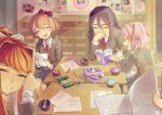  4girls :d absurdres bangs blazer blue_skirt book book_on_lap bow brown_hair chair classroom closed_eyes collared_shirt commentary copyright_name covering_mouth crayon cupcake day desk doki_doki_literature_club facing_viewer food grey_jacket grin hair_between_eyes hair_bow hair_intakes hair_ornament hairclip hand_over_own_mouth hand_up head_tilt highres holding holding_book holding_paper indoors jacket laughing light_particles long_hair long_sleeves monika_(doki_doki_literature_club) multiple_girls natsuki_(doki_doki_literature_club) neck_ribbon open_mouth paper photo_(object) pink_hair pleated_skirt pointing ponytail pov pov_hands protagonist_(doki_doki_literature_club) purple_hair red_bow red_neckwear red_ribbon ribbon sayori_(doki_doki_literature_club) school school_chair school_desk school_uniform shirt short_hair sidelocks sitting skirt smile spoon sunlight tagme teeth wetryuuyiop white_bow white_ribbon white_shirt wing_collar yuri_(doki_doki_literature_club) 