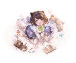  1girl :d bangs blue_skirt blush book bow bowtie breasts brown_eyes brown_hair child_drawing collared_shirt colored_pencil draph drawing eyebrows_visible_through_hair flower frilled_skirt frills full_body granblue_fantasy green_bow green_neckwear hair_bobbles hair_ornament hairband horns long_sleeves looking_at_viewer medium_breasts minaba_hideo no_shoes official_art open_mouth oppai_loli pencil pouch shirt short_hair sitting skirt smile solo stuffed_animal stuffed_toy swept_bangs teddy_bear thigh-highs transparent_background v_arms wariza white_legwear white_shirt yaia_(granblue_fantasy) zettai_ryouiki 