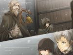  1girl ayakura_juu beard bell black_hair brown_eyes brown_hair cape character_name craft_lawrence door facial_hair highres holding holding_staff holo hood hooded huskins_(spice_and_wolf) mustache novel_illustration official_art outdoors parted_lips red_eyes silver_hair snowing spice_and_wolf staff 