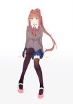  1girl absurdres bangs black_legwear blue_skirt bow breasts brown_hair closed_mouth collared_shirt commentary_request doki_doki_literature_club eyebrows_visible_through_hair full_body green_eyes grey_jacket gumengyao hair_bow hair_intakes highres jacket long_hair long_sleeves looking_at_viewer medium_breasts monika_(doki_doki_literature_club) neck_ribbon pleated_skirt ponytail red_neckwear ribbon school_uniform shiny shiny_hair shirt shoes sidelocks simple_background sitting skirt smile solo thigh-highs uwabaki very_long_hair vest white_background white_bow white_footwear white_shirt wing_collar zettai_ryouiki 
