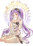  1girl armlet bangs bare_shoulders bead_bracelet bead_necklace beads between_legs black_hairband black_ribbon bracelet breasts closed_mouth collar collarbone dress euryale eyebrows_visible_through_hair fate/grand_order fate_(series) floating_hair flower frilled_dress frills full_body hair_flower hair_ornament hair_ribbon hairband halo hand_up head_tilt jewelry lolita_hairband long_hair looking_at_viewer medium_breasts mellozzo necklace parted_bangs purple_hair ribbon rose shiny shiny_hair short_dress sidelocks simple_background sitting smile solo strapless strapless_dress thigh_beads thighlet twintails very_long_hair violet_eyes white_background white_dress white_flower white_rose yokozuwari 