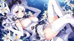  1girl anchor azur_lane bangs bare_shoulders blue_eyes blush breasts bubble cleavage commentary_request detached_collar dress elbow_gloves eyebrows_visible_through_hair flower garter_straps gloves hat illustrious_(azur_lane) large_breasts long_hair looking_at_viewer lying mole mole_under_eye nardack on_back parted_lips short_dress simple_background solo strapless strapless_dress thigh-highs very_long_hair white_dress white_gloves white_hair white_legwear 