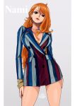  absurdres artist_request bangle bracelet breasts dress earrings highres jewelry large_breasts lipstick makeup nail_polish nami_(one_piece) one_piece orange_hair red_nails text 