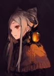  1girl bangs black_background blush brown_capelet brown_eyes capelet closed_mouth commentary_request from_side grey_hair hair_rings lantern long_hair looking_at_viewer looking_to_the_side original parted_bangs roll_okashi sidelocks simple_background solo very_long_hair 