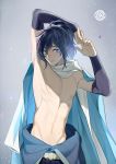  1boy black_hair blue_eyes high_ponytail inkerpape long_hair looking_at_viewer male_focus mole mole_under_eye nipples scarf shirtless solo touken_ranbu white_scarf yamato-no-kami_yasusada 