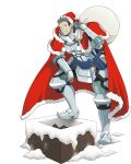  1boy armor armored_boots boots box cape fireplace frilled_hat frills full_armor full_body gift gift_box gloves grey_gloves grin hat holding_bag log_horizon looking_at_viewer naotsugu_(log_horizon) official_art red_cape red_hat santa_hat smile solo spiky_hair transparent_background 