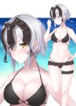  1girl :/ bangs bare_arms bare_shoulders beach bikini bikini_skirt black_bikini blue_sky blush breasts cleavage clenched_hand close-up closed_mouth collarbone commentary_request eyebrows_visible_through_hair fate/grand_order fate_(series) frown groin hair_between_eyes hand_on_hip hand_up headpiece highleg highleg_bikini highres hiyoko_(pixiv16803940) jeanne_d&#039;arc_(alter)_(fate) jeanne_d&#039;arc_(fate)_(all) large_breasts looking_at_viewer looking_away looking_to_the_side multiple_views navel ocean outdoors pale_skin shiny shiny_hair short_hair side_glance silver_hair sky standing stomach swimsuit thigh_strap upper_body v-shaped_eyes yellow_eyes 