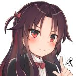  1girl bangs black_jacket blush bow brown_hair closed_mouth collared_shirt commentary_request eyebrows_visible_through_hair hair_between_eyes hair_bow head_tilt index_finger_raised jacket long_hair looking_at_viewer noa_(letizia) red_bow red_eyes ryuuou_no_oshigoto! shirt simple_background smile solo white_background white_shirt yashajin_ai 