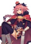  1boy :d astolfo_(fate) bangs black_bow black_legwear black_shirt black_skirt boots bow braid buckle cloak commentary_request crown emblem fang fate/apocrypha fate_(series) faulds from_side fur-trimmed_cloak fur_collar garter_straps gauntlets gold_trim gorget grey_footwear hair_bow hair_intakes hand_on_own_knee highres knee_boots knees_up long_hair long_sleeves looking_at_viewer looking_to_the_side male_focus mini_crown miniskirt multicolored_hair open_mouth parted_bangs peroncho pink_hair puffy_long_sleeves puffy_sleeves red_cloak shirt simple_background single_braid skirt smile solo streaked_hair sword thigh-highs trap turtleneck two-tone_hair violet_eyes weapon white_background white_hair 