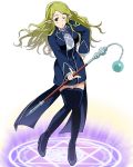  blonde_hair blue_dress blue_footwear blush boots breasts dress floating_hair full_body hand_on_hip high_heel_boots high_heels holding holding_staff log_horizon long_hair looking_at_viewer magic_circle marielle_(log_horizon) medium_breasts official_art one_eye_closed parted_lips pointy_ears round_table_uniform short_dress solo staff thigh-highs thigh_boots transparent_background uniform very_long_hair 