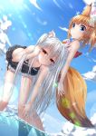  2girls al_bhed_eyes animal_ears arm_up bangs bare_arms bare_shoulders bell bikini black_bikini blue_eyes blue_sky bow breasts brown_hair cat_ears cleavage closed_mouth clouds collarbone commentary_request crossover day eyebrows_visible_through_hair fingernails fox_ears fox_girl fox_tail hair_between_eyes hair_ornament hairclip hand_in_hair jingle_bell kemomimi_vr_channel leaning_forward long_hair looking_at_viewer medium_breasts mikoko_(kemomimi_vr_channel) multiple_girls nora_cat nora_cat_channel outdoors red_bow red_eyes shun_no_shun silver_hair sky smile sunlight swimsuit tail very_long_hair virtual_youtuber water 