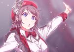  1girl :o absurdres arm_up beret blue_eyes bow bowtie gamjolno genki_zenkai_day!_day!_day! grey_hair hat highres long_sleeves looking_at_viewer love_live! love_live!_sunshine!! outstretched_arm plaid_neckwear red_hat shirt short_hair solo suspenders upper_body watanabe_you white_shirt 