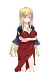  1girl analcimesoft blonde_hair breasts cleavage crossed_arms dress hair_ornament jewelry long_hair looking_at_viewer necklace original red_dress red_eyes solo standing 