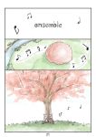  2girls cherry_blossoms comic commentary_request grass highres japanese_crested_ibis_(kemono_friends) kemono_friends multiple_girls murakami_rei musical_note page_number silent_comic sitting tree under_tree 