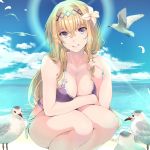  1girl beach bikini bird blonde_hair blue_eyes breasts flower granblue_fantasy hair_flower hair_ornament jeanne_d&#039;arc_(granblue_fantasy) long_hair medium_breasts naruse_hirofumi ocean seagull sky squatting swimsuit 