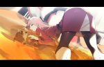  1boy 1girl all_fours black_hair bodysuit brown_hair commentary_request copyright_name darling_in_the_franxx dutch_angle green_eyes hairband hiro_(darling_in_the_franxx) horns letterboxed long_hair looking_at_viewer pantyhose pink_hair ryota-h skirt solo_focus strelizia top-down_bottom-up uniform white_hairband zero_two_(darling_in_the_franxx) 