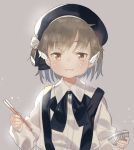  1girl :i bangs beret black_hat blush bowl brown_eyes brown_hair chopsticks closed_mouth collared_shirt eating eyebrows_visible_through_hair fingernails flower hair_rings hat hatoba_tsugu holding holding_bowl holding_chopsticks long_sleeves looking_at_viewer ribbon shirt solo subachi suspenders tsugu_hatoba virtual_youtuber wavy_mouth white_flower white_shirt 