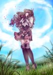  1girl armor blue_sky breastplate brown_hair fire_emblem fire_emblem:_kakusei flower gauntlets grass highres holding holding_flower long_hair outdoors pauldrons signature skirt sky solo sumia tempe thigh-highs wavy_hair 