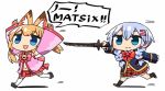 2girls :3 :d animal_ears arms_up bell blonde_hair blue_eyes blue_hair blush bow bowtie braid chasing chibi closed_mouth crossover detached_sleeves fox_ears girlfriend_(kari) hair_ornament hairclip hands_up holding holding_sword holding_weapon jingle_bell kanikama kemomimi_vr_channel mikoko_(kemomimi_vr_channel) multiple_girls murakami_fumio navel open_mouth platform_footwear pleated_skirt red_skirt running sandals simple_background skirt smile sword thigh-highs twin_braids virtual_youtuber weapon white_background white_legwear 