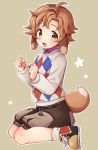  1boy alternate_hairstyle animal_ears argyle argyle_sweater blush brown_eyes brown_hair button dog_ears dog_tail dogboy fists full_body looking_at_viewer male_focus open_mouth pop-up_story shoes shorts sitting smile solo sweater tail utsunomiya_hetaru wariza yuuri_lessen 