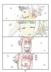  2girls 4koma :d ^_^ bangs blunt_bangs cerulean_(kemono_friends) cherry_blossoms closed_eyes comic highres japanese_crested_ibis_(kemono_friends) kemono_friends multiple_girls murakami_rei open_mouth page_number sandstar silent_comic smile 