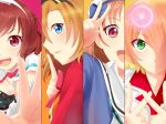  4girls absurdres blue_eyes bow crossover freyja_wion green_eyes hair_bow hairband hand_gesture heart highres idol kasukabe_haru kousaka_honoka looking_at_viewer love_live! love_live!_school_idol_project love_live!_sunshine!! macross macross_delta mashiro_yozakura multicolored_hair multiple_girls open_mouth orange_hair red_eyes redhead short_hair smile takami_chika tokyo_7th_sisters walkure_(macross_delta) 