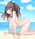  1girl all_fours amrita_(amber78gou) ass bikini blue_bow blush bow breasts brown_eyes brown_hair butt_crack cleavage collarbone eyebrows_visible_through_hair full_body idolmaster idolmaster_shiny_colors large_breasts long_hair open_mouth outdoors ponytail ribbon smile solo swimsuit tsukioka_kogane under_boob 