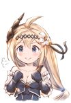  &gt;:) 1girl absurdres ahoge bangs bare_shoulders black_ribbon blonde_hair blue_dress blue_eyes blue_gloves blush breasts cleavage closed_mouth collarbone commentary_request detached_sleeves dress elbow_gloves eyebrows_visible_through_hair flower gloves granblue_fantasy hair_between_eyes hair_flower hair_ornament hair_ribbon highres horns jeanne_d&#039;arc_(granblue_fantasy) long_hair long_sleeves low-tied_long_hair medium_breasts milli_little ribbon simple_background smile solo v-shaped_eyebrows very_long_hair white_background white_flower 