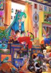  1girl bird cat curtains dog fish fishbowl flower from_side green_eyes green_hair hair_flower hair_ornament hatsune_miku highres indoors long_hair mimi_n picture_(object) red_legwear sitting stuffed_animal stuffed_toy teddy_bear thigh-highs toeless_legwear twintails very_long_hair vocaloid window 