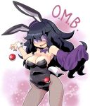  1girl @_@ animal_ears bare_shoulders black_hair black_nails bow bowtie breasts bunny_tail bunnysuit commentary detached_collar erect_nipples fishnet_legwear fishnet_pantyhose fishnets hairband hex_maniac_(pokemon) large_breasts long_hair looking_at_viewer messy_hair nail_polish open_mouth pantyhose poke_ball pokemon rabbit_ears shaded_face solo tail takura_mahiro violet_eyes wrist_cuffs 