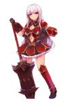  1girl armor armored_dress breasts cleavage cleavage_cutout eyebrows_visible_through_hair full_body gloves legs_apart lillithlauda long_hair looking_at_viewer medium_breasts navel original pink_hair red_eyes solo standing sword transparent_background weapon 