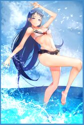  1girl absurdres alternate_costume arm_up armpits bangs bare_arms bare_legs barefoot bird blue_eyes blue_hair blue_sky blush breasts cleavage clouds eyebrows_visible_through_hair gradient_hair half-closed_eyes highres kantai_collection long_hair looking_at_viewer medium_breasts multicolored_hair navel ocean parted_lips samidare_(kantai_collection) seagull sidelocks sky smile solo splashing stomach swept_bangs swimsuit tesuta0612 thighs v very_long_hair water 