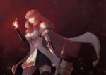  1girl armor artist_request cape celica_(fire_emblem) dress earrings fingerless_gloves fire fire_emblem fire_emblem_echoes:_mou_hitori_no_eiyuuou gloves jewelry long_hair red_eyes redhead simple_background solo thigh-highs tiara weapon 