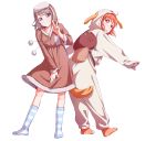  2girls :p \||/ absurdres ahoge backpack bag blue_eyes cosplay full_body gamjolno grey_hair grin highres kigurumi looking_at_viewer looking_back love_live! love_live!_sunshine!! multiple_girls orange_hair orange_legwear pom_pom_(clothes) red_eyes shiitake_(love_live!_sunshine!!) shiitake_(love_live!_sunshine!!)_(cosplay) short_hair simple_background smile socks standing striped striped_legwear takami_chika tongue tongue_out uchicchii v watanabe_you white_background 