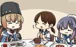  3girls black_hat blue_shawl blush bread brown_hair chair closed_eyes commentary dated eating fingerless_gloves food fork gloves gradient_hair hair_ornament hairclip hamu_koutarou hat highres holding holding_food kantai_collection knife low_twintails multicolored_hair multiple_girls open_mouth papakha plate sailor_collar sailor_hat school_uniform serafuku shirayuki_(kantai_collection) table tashkent_(kantai_collection) tsushima_(kantai_collection) twintails 