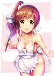  1girl apron armpits bangs blush breasts brown_eyes brown_hair cleavage collarbone cowboy_shot eyebrows_visible_through_hair groin heart heart_background holding idolmaster idolmaster_cinderella_girls igarashi_kyouko ladle leaning_forward long_hair looking_at_viewer medium_breasts ment naked_apron open_mouth pink_background scrunchie side_ponytail sideboob simple_background smile solo standing thighs wide_hips 