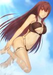  1girl black_swimsuit breasts cleavage fate/grand_order fate_(series) hand_on_foot highres large_breasts long_hair looking_at_viewer midriff navel purple_hair red_eyes scathach_(fate/grand_order) smile solo strapless strapless_swimsuit sugita_(merinib) swimsuit under_boob underboob_cutout 