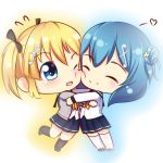  2girls absurdres battle_girl_high_school blonde_hair blue_eyes blue_hair blush chibi highres hug kneehighs kougami_kanon kunieda_shiho mashiro_yozakura multiple_girls sailor school_uniform serafuku smile thigh-highs twintails white_legwear yellow_eyes yuri 