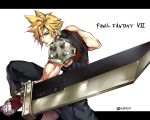  1boy blonde_hair blue_eyes brown_footwear buster_sword closed_mouth cloud_strife copyright_name final_fantasy final_fantasy_vii gloves holding holding_sword holding_weapon male_focus pauldron shirt single_pauldron sleeveless sleeveless_shirt solo spiked_hair spiky_hair sword tama_(tmfy5) title_drop weapon 