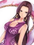  1girl black_hair blue_eyes boa_hancock breasts cleavage dress large_breasts long_hair looking_at_viewer nannacy7 one_piece salome_(one_piece) side_slit snake snake_earrings solo very_long_hair 