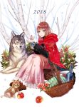  1girl 2018 apple basket blush bottle brown_hair eyebrows_visible_through_hair flower food fruit green_eyes kirinosuke log looking_at_viewer medium_hair original parted_lips pink_skirt sitting skirt smile wine_bottle wolf 