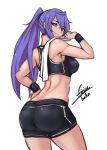  1girl absurdres airisubaka ass blue_hair breasts butt_crack cleavage highres iris_heart large_breasts long_hair looking_at_viewer muscle muscular_female navel neptune_(series) ponytail purple_hair red_eyes smile solo symbol-shaped_pupils toned very_long_hair 