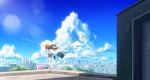  1girl bag barefoot blue_sky bookbag brown_hair city cityscape clouds day digital_media_player grey_skirt highres notebook original outdoors rooftop scenery school_uniform shiruko_sand shoes_removed skirt sky solo standing standing_on_one_leg 
