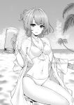  1girl alcohol beach blush bracelet breasts cleavage collarbone cup drinking_glass eyebrows_visible_through_hair greyscale highres holding holding_drinking_glass idolmaster idolmaster_cinderella_girls jewelry large_breasts looking_at_viewer mole mole_under_eye monochrome navel necklace open_mouth outdoors short_hair sitting solo stool takagaki_kaede teraguchi 