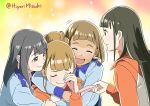  4girls bangs black_hair blunt_bangs brown_eyes brown_hair closed_eyes commentary crying eyebrows_visible_through_hair giving grey_eyes group_hug hair_bun happy_tears hiyori_mizuki hood hooded_jacket hug hug_from_behind jacket kobuchizawa_shirase long_hair miyake_hinata multiple_girls pajamas shiny shiny_skin shiraishi_yuzuki smile sora_yori_mo_tooi_basho sparkle sparkle_background tamaki_mari tan tearing_up tears tissue twitter_username 