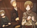  1girl 2boys ;) ayakura_juu blue_eyes brown_hair bruise_on_face collarbone craft_lawrence dress_shirt eve_bolan grey_hair highres holding indoors jacket looking_at_viewer multiple_boys novel_illustration official_art one_eye_closed open_mouth parted_lips shirt short_hair silver_hair sitting smile spice_and_wolf tote_col white_shirt 