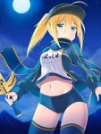  1girl :o ahoge artoria_pendragon_(all) bangs baseball_cap black_hat blonde_hair blue_buruma blue_jacket blue_legwear blue_scarf breasts buruma clouds commentary_request cowboy_shot excalibur eyebrows_visible_through_hair fate/extella fate/extra fate/grand_order fate_(series) fingernails full_moon green_eyes gym_shirt gym_uniform hair_between_eyes hair_through_headwear hat himitsucalibur holding holding_sword holding_weapon jacket long_hair long_sleeves looking_at_viewer masakichi_(crossroad) medium_breasts midriff moon mysterious_heroine_x name_tag navel night night_sky open_clothes open_jacket outdoors parted_lips ponytail rojiura_satsuki:_chapter_heroine_sanctuary scarf shirt sky solo star_(sky) starry_sky sword thigh-highs track_jacket weapon white_shirt 