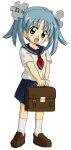  1girl bag blue_eyes blue_hair full_body highres initial kasuga39 loafers omega_symbol puzzle_piece school_bag school_uniform serafuku shoes short_hair short_twintails simple_background skirt smile socks solo standing twintails white_background wikipe-tan wikipedia 